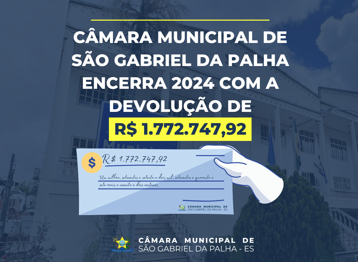 NOTÍCIA: Câmara Municipal de São Gabriel da Palha devolve R$ 1.772.747,92 aos cofres públicos municipais